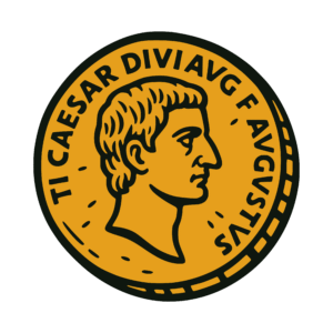 Bold vector-style cartoon of an ancient Tiberian Denarius coin in gold tones with a black outline. The coin shows a side profile of a man with short hair and the Latin inscription ‘TI CAESAR DIVI AVG F AVGVSTVS’ around the border, drawn in a clean flat style.