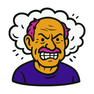 Bold vector-style cartoon of an angry older man with a bald head, magenta mustache, and clenched teeth. White fog puffs behind his head to show confusion and frustration. The artwork uses solid fills of gold, purple, and black with thick outlines in a bold graphic style.