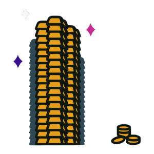 Bold vector-style cartoon of a towering stack of gold bars beside a small pile of gold coins. The bars shimmer with white, indigo, and magenta sparkles, representing magnitude. The design uses thick black outlines and solid flat colors of gold, purple, and dark blue in a clean, graphic style.