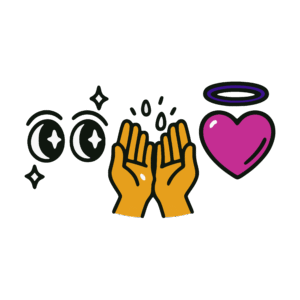 Bold vector-style cartoon featuring a pair of raised golden hands with droplets above them, flanked by sparkling eyes on the left and a magenta heart with an indigo halo on the right. The design conveys clear eyes, clean hands, and a clement heart, using thick outlines and a limited color palette of gold, purple, pink, and black.