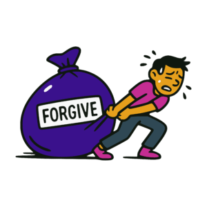 Bold vector-style cartoon of a young man straining to drag an oversized indigo bag labeled 'FORGIVE.' The person sweats and leans forward with visible effort, symbolizing the emotional weight and impossibility of some definitions of forgiveness. The image uses flat colors with thick black outlines in indigo, magenta, gold, and muted teal tones.