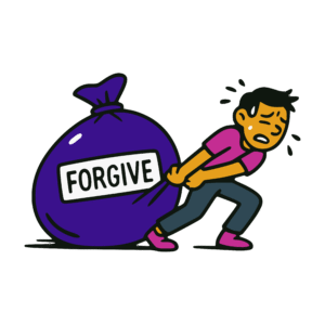 Bold vector-style cartoon of a young man straining to drag an oversized indigo bag labeled 'FORGIVE.' The person sweats and leans forward with visible effort, symbolizing the emotional weight and impossibility of some definitions of forgiveness. The image uses flat colors with thick black outlines in indigo, magenta, gold, and muted teal tones.