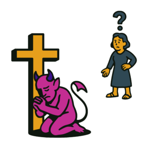Bold vector-style cartoon showing a stereotypical demon figure in kneeling with hands clasped at the base of a large cross, while a nearby woman stands puzzled with a question mark above her head. Rendered in flat colors with thick black outlines using indigo, magenta, gold, and dark teal hues.