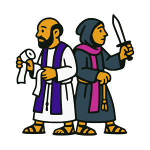 Bold vector-style cartoon of two robed priests standing back to back—one holding a bandage roll, the other gripping a blade. Their contrasting postures symbolize fine line between healing and harm. The image features thick black outlines and a flat color palette of white, indigo, magenta, and gold.