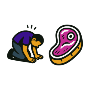 Bold vector-style cartoon showing a man on his hands and knees bowing before a large cartoon steak. The scene humorously represents misplaced devotion or idolatry, drawn in flat tones of indigo, gold, and magenta with thick black outlines