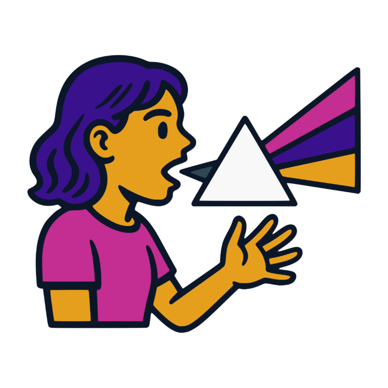 Vector-style illustration of a woman speaking toward a light prism that refracts her words into beams of magenta, indigo, and gold light.