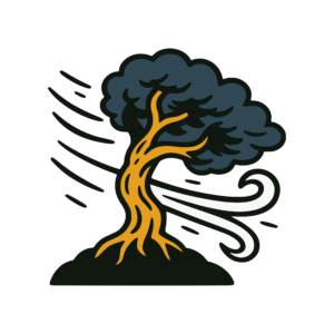 Stylized vector illustration of a tree with branches and canopy bending in strong wind. Curved white gust lines sweep across its trunk.