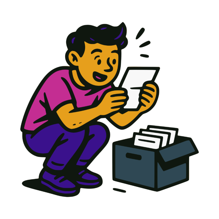 Vector-style artwork of a cheerful young man crouched beside an open file box, reading a letter with a captivated expression.