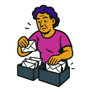 Vector-style illustration of an older woman sorting through stacks of envelopes in two boxes, wearing a scrutinizing expression.