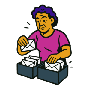 Vector-style illustration of an older woman sorting through stacks of envelopes in two boxes, wearing a scrutinizing expression.