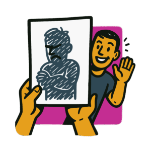 Vector-style illustration showing a smiling man waving from behind a piece of paper someone else is holding up, which depicts him instead as a dark, angry silhouette.