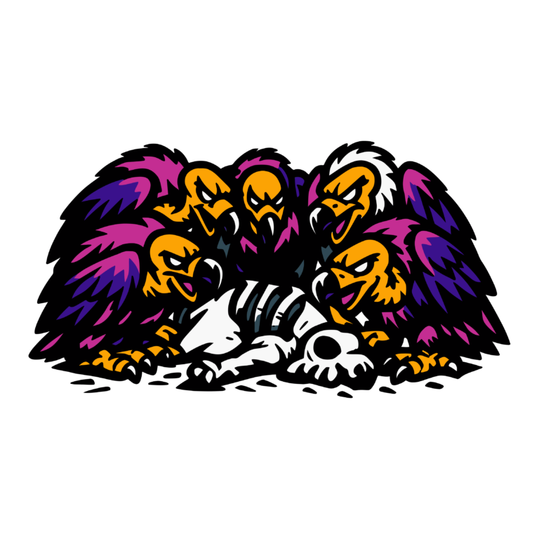 Illustration of several vultures crowding around and tearing at a carcass on the ground.