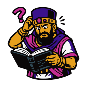 Illustrated scene of a bearded priestly figure wearing a crown and purple garments, scratching his head while reading an open book with a puzzled expression. A large question mark appears beside him, suggesting confusion.