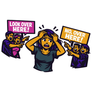 Illustration of a distressed woman holding her head while groups on either side shout conflicting directions. One group points and holds a sign reading 'LOOK OVER HERE!' while another group points the opposite way with a sign saying 'NO, OVER HERE!'