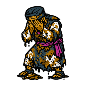 Illustration of a robed priest covered in excrement and filth, standing with his face buried in his hands. His garments are stained and dripping.