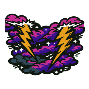 Illustration of two bright lightning bolts striking downward through colorful storm clouds, with sparks and stars scattered around.