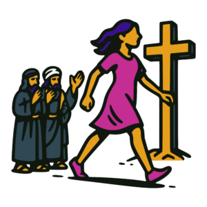 Illustration of a woman walking confidently toward a large cross while two robed figures behind her gesture and react in disapproval.