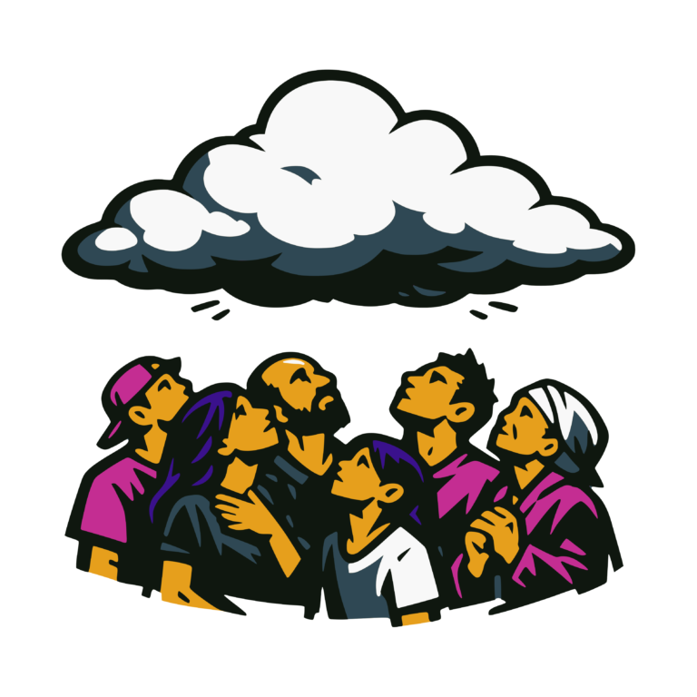 Illustration of a group of people standing closely together, all looking upward with anticipation at a large cloud hovering above them.