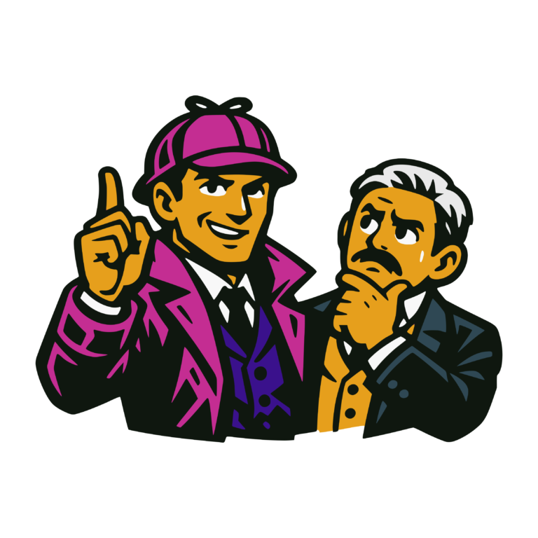 Illustration of Sherlock Holmes pointing upward as if explaining an idea, while Dr. John Watson beside him looks skeptical and thoughtful.
