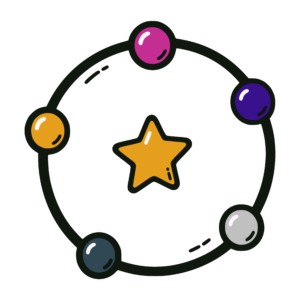 Illustration of a circular orbit of evenly spaced colored dots and at its center a star.