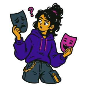 Illustration of a puzzled young woman comparing two Greek theatre masks, one tragic and one comic, while a question mark hovers above her head.