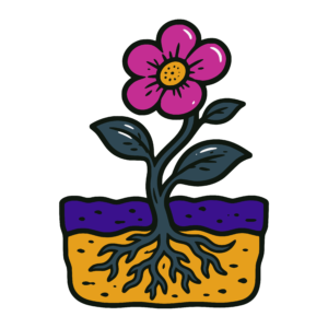 Illustration of a flowering plant growing from two distinct layers of soil, with its roots extending deep into the lower layer.