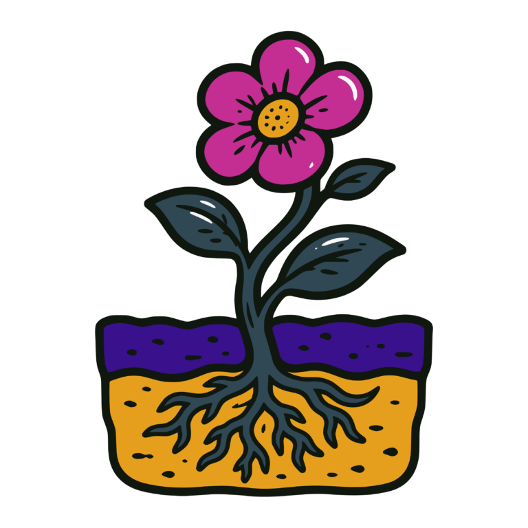 Illustration of a flowering plant growing from two distinct layers of soil, with its roots extending deep into the lower layer.