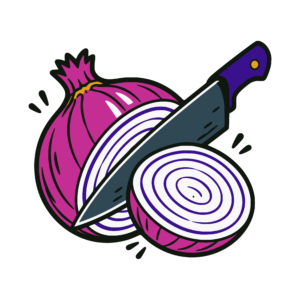 Illustration of a chef's knife slicing through an onion, exposing its tightly packed concentric layers.