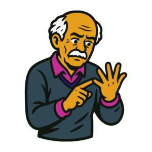 Illustration of an elderly man thoughtfully counting on the five fingers of one hand with the other.