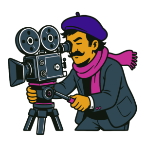 Stylized illustration of a film director operating a vintage motion-picture camera mounted on a tripod, peering through the viewfinder while adjusting the pan handle.