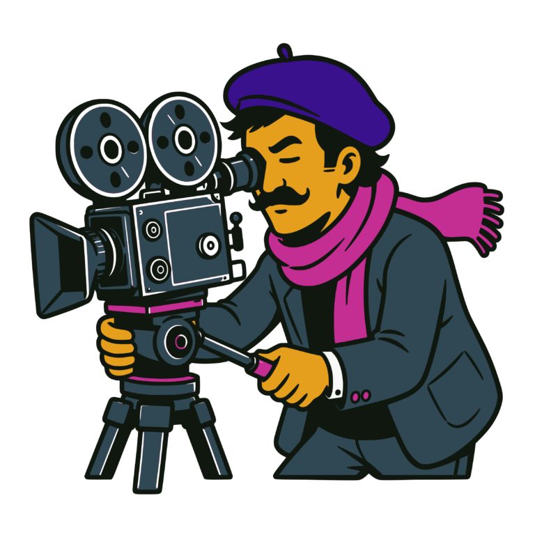 Stylized illustration of a film director operating a vintage motion-picture camera mounted on a tripod, peering through the viewfinder while adjusting the pan handle.