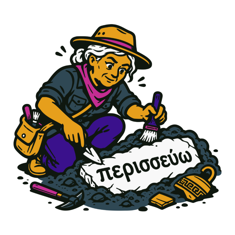 Stylized illustration of an elderly archaeologist carefully excavating an ancient stone slab engraved with the Greek word περισσεύω (perisseuō).